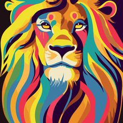 Colorful flat lion illustration vector. Hipster graphic design of a minimal lion. Vectorized shapes. Powerful logo. Strong icon.