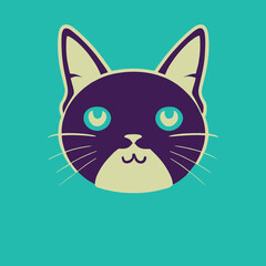 Cute cat head logo doodle. Cartoon vector of a happy cat. Flat minimalistic head of a kitty.