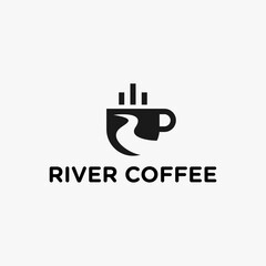 coffee logo with river and coffee cup icon vector illustration template
