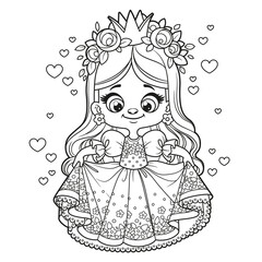Cute cartoon princess girl in a dress with bouffant skirt outlined for coloring page on white background