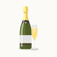 Champagne bottle with glass. Flat illustration.