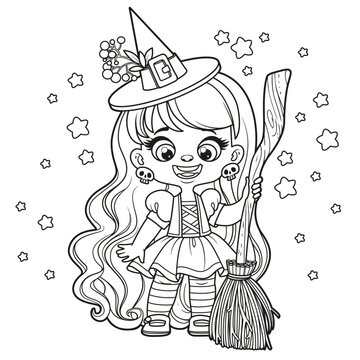 Cute cartoon long haired girl in Halloween witch dress with broom outlined for coloring page on white background
