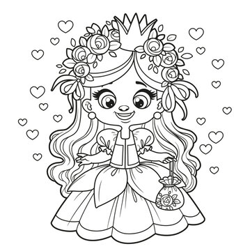 Cute cartoon longhaired girl princess in a wreath of roses outlined for coloring page on white background