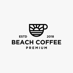 coffee logo with sunrise and sea water beach in modern line style vector icon template
