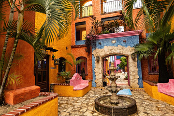 Traditional Mexican style colorful villa, house, hotel in Playa del Carmen, entrance view, Mexico