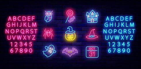 Happy Halloween neon icons collection Pumpkin, owl and ghost. Witch hat and spider. Vector stock illustration © Anastasia Gapeeva