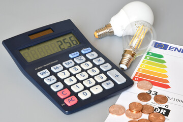 Energy efficiency rating table with light bulbs, calculator and coins on grey background, close-up....