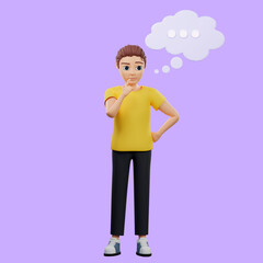 Raster illustration of man with a speech bubble. A young guy in a yellow tshirt thought, oil, idea, direct speech, cloud, plan, problem solving. 3d rendering artwork for business and advertising