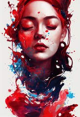 Beautiful rouge paint splash female portrait with eyes closed, sensual red lips. Emotive glamour, youthful feminine innocence. Digital Art.