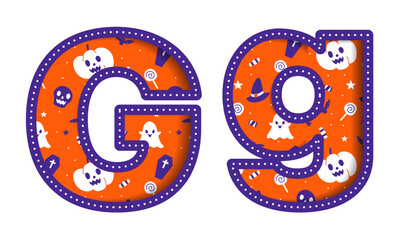 Cute Happy Halloween G Alphabet Capital Small Letter Party Font Typography Character Cartoon Spooky Horror colorful Paper Cutout Type design celebration vector Illustration Skull Pumpkin Bat Witch Hat