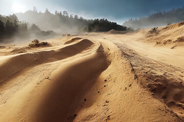 Fototapeta na wymiar Motocross and auto sport track on sand. Wheel tracks on sand. Illustration Art