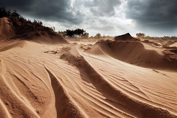 Fototapeta na wymiar Motocross and auto sport track on sand. Wheel tracks on sand. Illustration Art