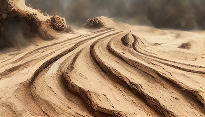 Motocross and auto sport track on sand. Wheel tracks on sand. Illustration Art - obrazy, fototapety, plakaty
