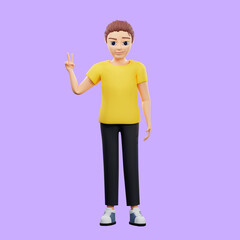 Raster illustration of man with two fingers up. A young guy in a yellow tshirt shows a greeting sign, good afternoon, cool sign, teenager, gesture language. 3d rendering artwork for business