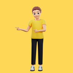 Raster illustration of man pointing to the side with the index finger. A young guy in a yellow tshirt indicates the direction, right, left, destination, route. 3d rendering artwork for business