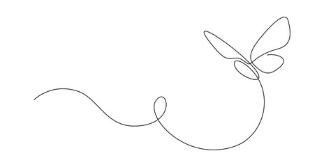 Butterfly in One continuous line drawing. Beautiful flying moth for wellbeing beauty or spa salon logo and divider concept in simple linear style. Editable stroke. Doodle vector illustration
