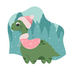New Year's dinosaur in the winter forest. Vector dinosaur in a pink hat and cape with fur.