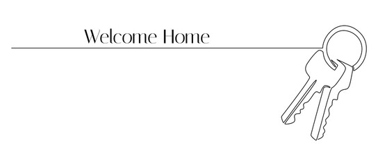 One continuous line drawing of house keys. Real estate and password and security concept in simple linear style. Editable stroke. Doodle vector illustration