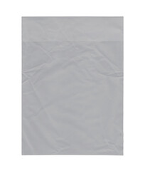 A gray opaque plastic bag, used for shipping or storage of small items, with small signs of folds and wrinkles. An empty canvas to fill with your content. Isolated.
