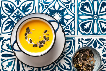 Pumpkin soup with seeds on the tile background in folk style
