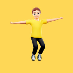 Fototapeta na wymiar Raster illustration of man jumps high. Young guy in a yellow tshirt jumping for joy, with arms outstretched to the sides, happiness, jubilation. 3d rendering artwork for business and advertising