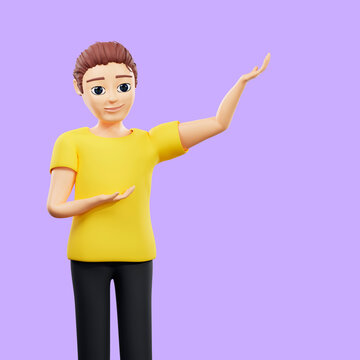 Raster illustration of man pointing to the up with his palm. A young guy in a yellow tshirt indicates the direction, right, left, up, down, destination, route. 3d rendering artwork for business