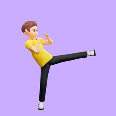 Raster illustration of man with a raised leg. Young guy in a yellow tshirt kicks, low kick, high kick, taekwondo, kung fu, karate, mixed martial arts, struggle,. 3d rendering artwork for business