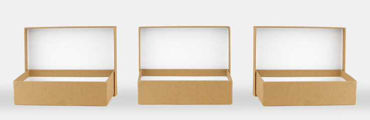 Set of Empty open brown  cardboard boxes isolated on white