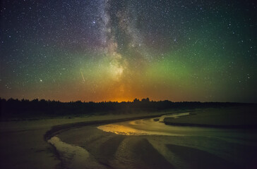 Night landscape with colorful Milky Way and a river
