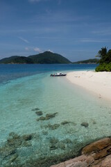 Indonesia Anambas Islands - Idyllic beach scenery with palm trees and boat vertical