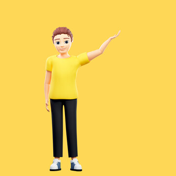 Raster illustration of man pointing to the up with his palm. A young guy in a yellow tshirt indicates the direction, right, left, up, down, destination, route. 3d rendering artwork for advertising