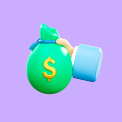 Raster illustration of hand holding a bag of gold. earns money, receives salary, invests in cryptocurrency, deposits, bank, payment, dollar, coin. 3d render artwork for business and advertising