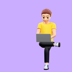 Raster illustration of man sitting foot to foot and clicks on computer. Young guy in a yellow tshirt sits on laptop, nigth work, relaxes, social networks, surf the Internet. 3d rendering artwork