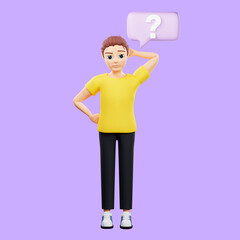 Raster illustration of man near a square speech bubble with a question mark. A young guy in a yellow tshirt thought, scratching in the back of the head, cloud, plan, problem solving. 3d artwork