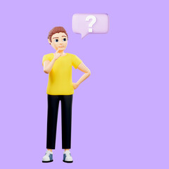 Raster illustration of man near a square speech bubble with a question mark. A young guy in a yellow tshirt thought, oil, idea, direct speech, cloud, plan, problem solving. 3d rendering artwork