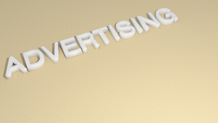 Advertising. A word for an analytical chart of the strategy of promoting the online market on the digital advertising platform. A white word on a yellow background. Free space for insertion. 3D render