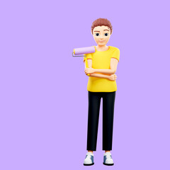 Raster illustration of man holding a roller. Young guy in a yellow tshirt going to paint walls, paint, artist, web design, construction. 3d rendering artwork for business and advertising