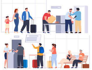 People in the airport terminal are checking in for the plane. Waiting area, baggage reception, document check. Vector illustration