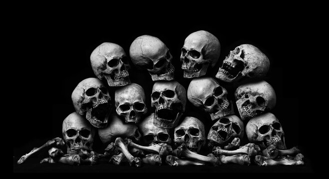 Awesome pile of skull human and bone on wooden, black cloth background, concept of scary crime scene of horror or thriller movies,Halloween theme, Still Life style, selective focus,