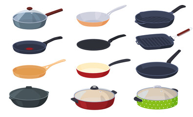 A set of various banyaks and pans for cooking. Frying food in a pan. Vector illustration