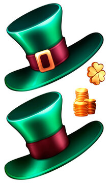 St. Patrick's Day hat with golden buckle isolated .png image. An Irish green top hat illustration on transparent background.