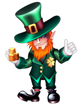 Red-bearded cute Irish Leprechaun with a golden clover badge holding gold coins. Fantasy elf character in a green costume and a top hat. St Patrick's day .png on transparent background