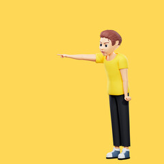 Raster illustration of man get angry and scold. Young guy in a yellow tshirt screams and points a finger at the exit, swears, gets angry. 3d rendering artwork for business and advertising
