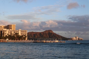 View of Diamond Head, a volcanic tuff cone on the Hawaiian island of Oahu.