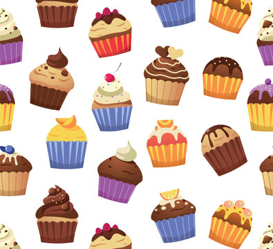 Cupcake pattern. Seamless print of various muffins sweet pastries decorated with icing toppings cream sprinkles. Vector bakery desserts texture