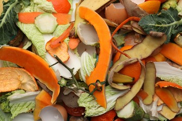 Pile of organic waste for composting as background, closeup