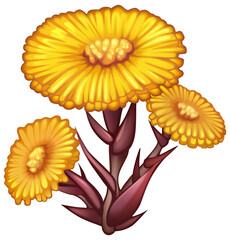 Tussilago farfara wildflowers .png on transparent background. Foalfoot yellow first spring flowers digital isolated drawing. Colt's foot orange blossoms. Field flower similar to dandelion or daisy - obrazy, fototapety, plakaty