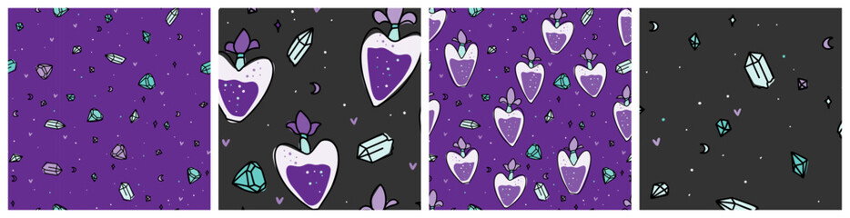 Posh gothic Halloween background set with heart shape poison bottles and magical diamond crystals for spiritual practices. Cartoon style seamless pattern in purple, black and mint colors.