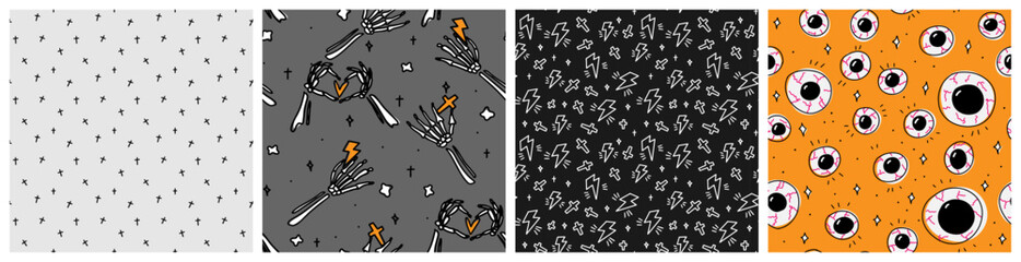 Halloween creepy eyeball and skeleton anatomy hand showing heart gesture, holding cross and bolt background set. Cartoon style spooky seamless patterns with human parts of body in black and orange col