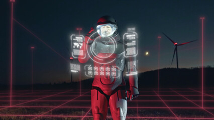 New futuristic robot engineer on windmill farm checking the process looking hologram 3D picture. Future technology innovation. Workflow automation. Human lifestyle. Ecology protection. Nature energy.